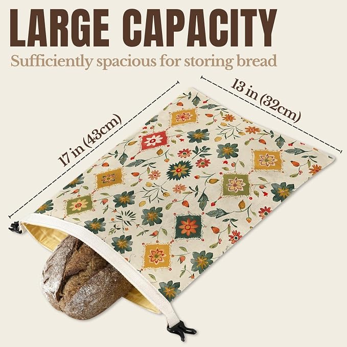 InnoBeta Beeswax Bread Bags for Sourdough & Homemade Bread, 2 Pack Reusable Cotton, 17"x13", Vintage Pattern