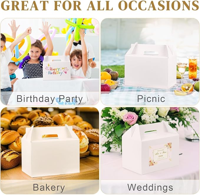 TryDrem 30 Pack Large Gable Boxes with Handles, 9x6x6 Inch Spacious Capacity Party Favor Boxes, White Treat Box for Gifts, Bread, Cookies, Lunch, Bakery, Wedding, Birthday, Picnic
