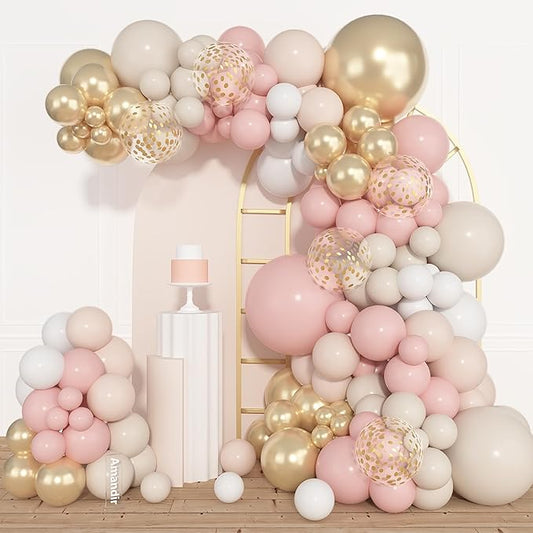 Amandir 153pcs Dusty Pink and Gold Balloon Garland Arch Kit, Different Sizes 18 12 10 5 inch Blush Pink White Sand Latex Metallic Confetti Balloons for Boho Bridal Wedding Birthday Party Decorations