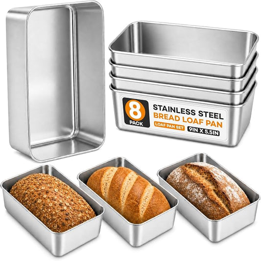 8 Pack Loaf Pans for Baking Bread,9×5In Stainless Steel Loaf Pans | Bread Loaf Tins for Homemade Bread Brownies, Meatloaf, Lasagna Cake, Sturdy, Oven, Dishwasher Safe, Silver
