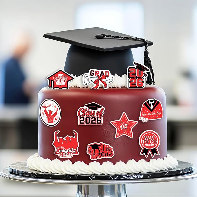 48pcs Edible 2026 Graduation Cupcake Toppers Wafer Paper Red Class of 2026 Cake Decorations Edible Congrats Grad Cupcake Picks for 2026 Graduation Theme Party Cake Supplies