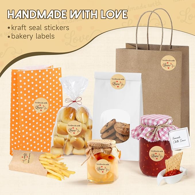 500PCS Handmade with Love Stickers, Kraft Made with Love Tags 1 Inch(25mm) Seal Labels Self-Adhesive for Baked Packaging Envelope Homemade Gift Small Business（New）