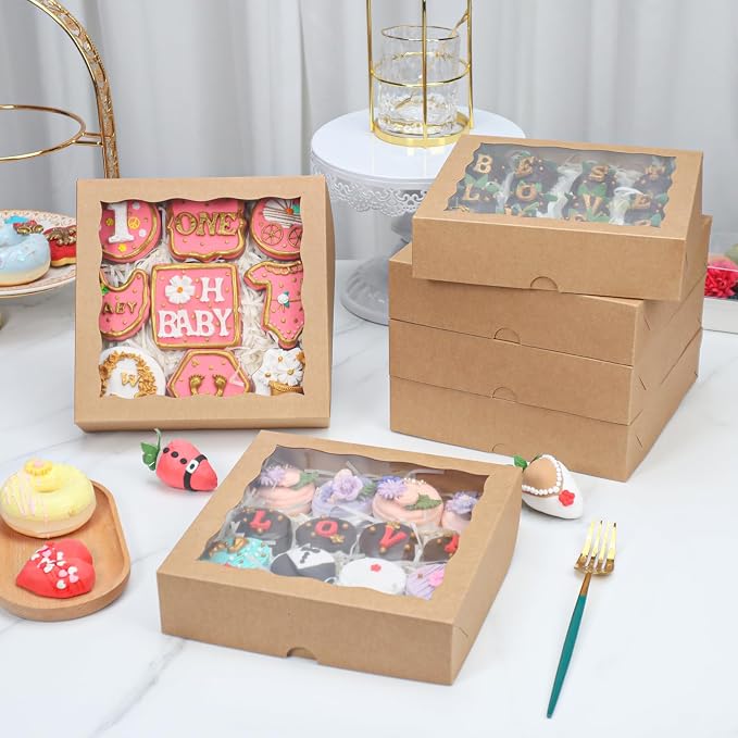 TEMLQPACK 30pcs 8x8x2 Inch Brown Bakery Boxes with Window - Perfect for Cookies, Chocolate Covered Strawberries, Pretzels, Cakesicles & More