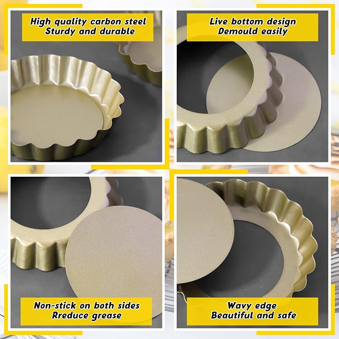 Tessco for you 16 Pcs Mini Tart Pans for Baking, 4 Inch Quiche Pans with Removable Bottom, Nonstick Egg Tartlets Molds Fluted Side Bakeware for Pie Fruit Tart Cheesecake Dessert (Gold Round)