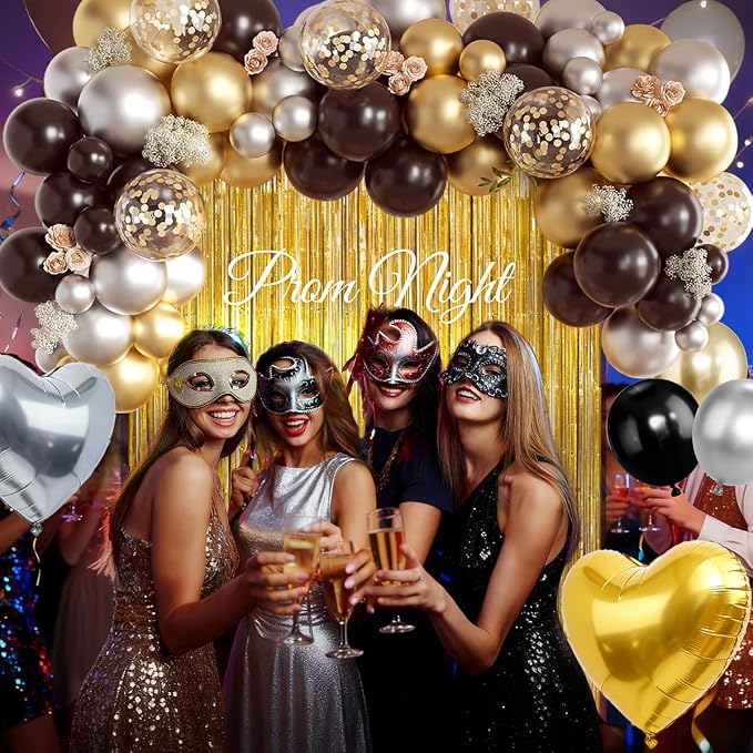 157Pcs Black Gold Silver Balloons Garland Arch Kit with Gold Fringe Curtain for New Year’s Eve Graduation Birthday Black Tie Gala Anniversary Wedding Party Decorations
