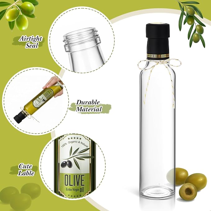 Reallnaive 12 Sets 8 oz Glass Olive Oil Bottles Empty Sauce Condiment Bottles with Tags and Twine and Funnel for Storing Homemade Olive Oil Christmas Wedding Baby Shower Gifts(Clear)