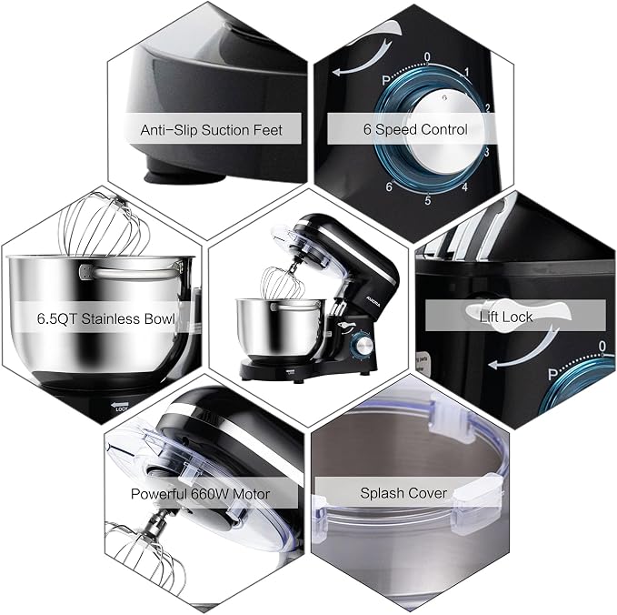Aucma Stand Mixer,6.5-QT 660W 6-Speed Tilt-Head Food Mixer, Kitchen Electric Mixer with Dough Hook, Wire Whip & Beater (Black, 6.5QT)