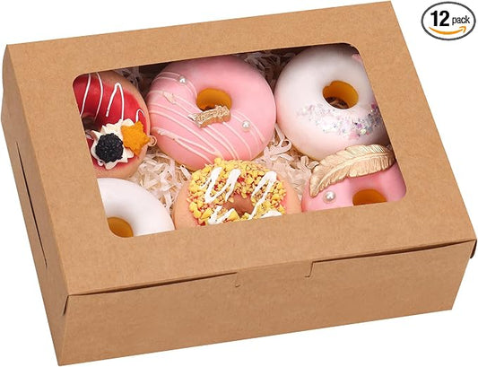 TOMNK 12pcs 8x6x2.5 Inches Brown Bakery Boxes with Window, Cookie Boxes for Chocolate Strawberries, Donuts, Cupcakes, Muffins and Dessert