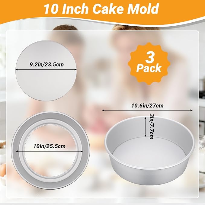 Beasea 10 Inch Cake Pans, 3 Pack Aluminum Alloy Large Round Cake Pan with Removable Bottom, Baking Layer Cheesecake Tin Mold for Wedding Birthday Party