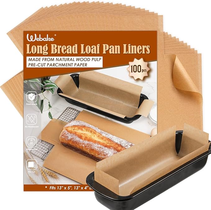 Webake Unbleached Parchment Paper Large Loaf Pan Liners for 13" x 5" Long Baking Bread, Original Precut, Non Toxic 100 Pcs