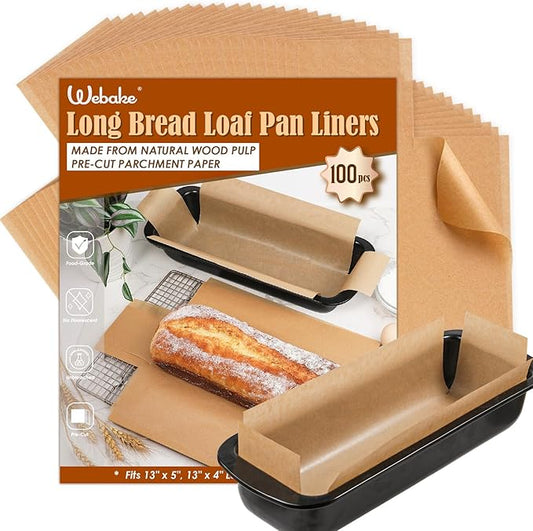 Webake Unbleached Parchment Paper Large Loaf Pan Liners for 13" x 5" Long Baking Bread, Original Precut, Non Toxic 100 Pcs