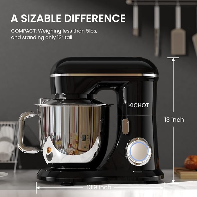 Stand Mixer, KICHOT 10+P Speed 4.8 Qt. Household Stand Mixers, Tilt-Head Dough Mxier with Dough Hook, Beater, Wire Whisk & Splash Guard Attachments for Baking, Cake, Cookie, Kneading, SM-1533,Black