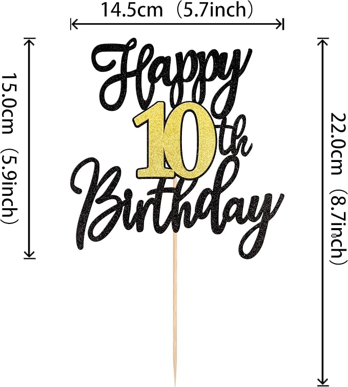 1 PCS Happy 10th Birthday Cake Topper Black Gold Glitter Cheers to 10 Years Birthday Cake Pick 10 Fabulous Cake Decoration for Happy 10th Birthday Anniversary Party Cake Decorations Supplies