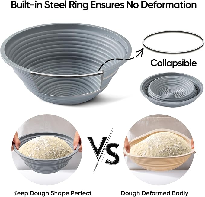 Silicone Banneton Bread Proofing Baskets,10" Oval & 9" Round Foldable Silicone Sourdough Proofing Basket with Bread Cover, Dishwasher Safe, Proofing Bowls for Sourdough Bread With Recipe Book