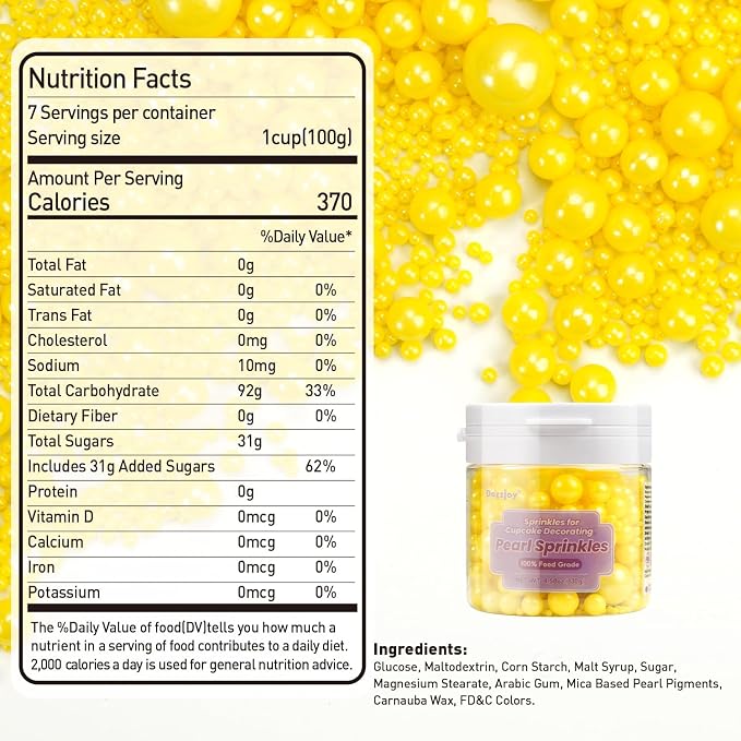Dazzjoy Edible Pearls, Yellow Pearl Sugar Sprinkles, 130g/4.58oz, Yellow Ball Pearls for Cake Decorating, Cupcake Toppers, Baking Cake Decoration, Easter Party Holiday Supplies
