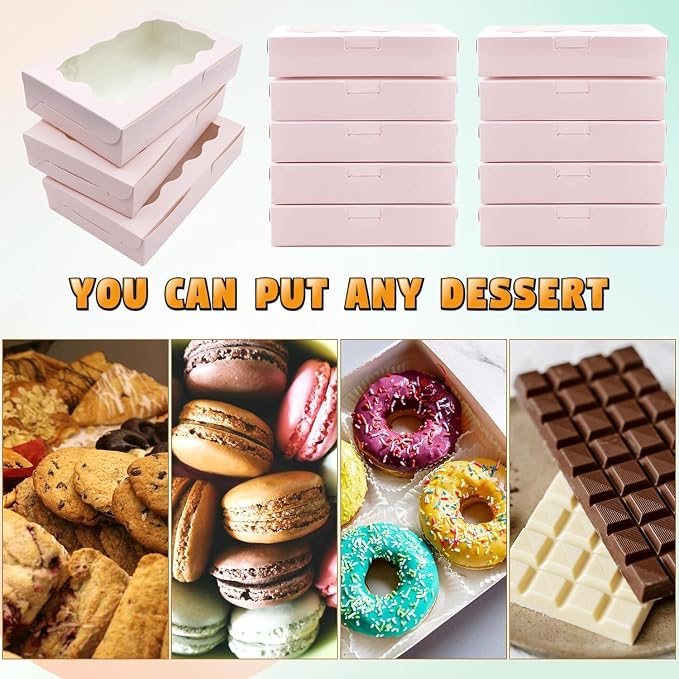 Amonk Cookie Boxes with Window, Pink 7x4.3x1.5 Inch Paperboard, 20PCS | Bakery Boxes Treat Boxes for Chocolate Covered Strawberries, Desserts, Cookies and Macaroons