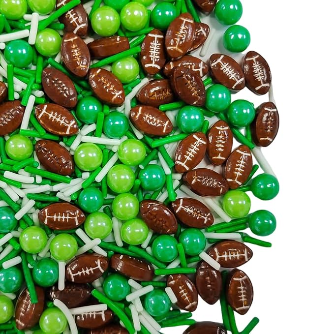 Football Sprinkles for Baking, Edible Sugar Pearl Green White Jimmies Sprinkles for Cake Cupcake Toppers Cookie Donuts Ice Cream Toppings