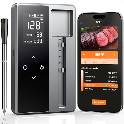 Smart Bluetooth Wireless Meat Thermometer Digital, Standalone Base, 6 Sensors Accuracy, Instant Read Food Thermometer for Kitchen, BBQ, Grill, Oven, Smoker, Grey