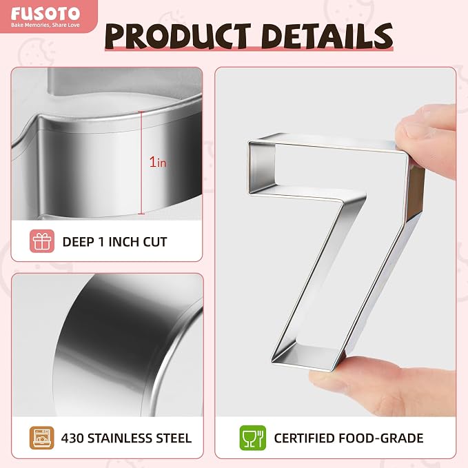 FUSOTO 9PCS Number Cookie Cutters Set, Birthday Numbers 0-8(6 Reverses to 9), Stainless Steel Cookie Cutters for Baking, Number Shaped Baking Tool for Homemaking Biscuits, Cookie, Dough