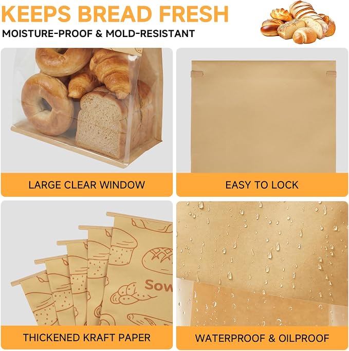 Extra Large Bread Bags for Homemade, 50 Count, 50% Thicker Sourdough Paper With Ties, 15.7 * 10.2 * 5.1 in, Tin Tie Tab Lock Bakery Bags With Window and Sealing Stickers for Storage Packaging Gifting