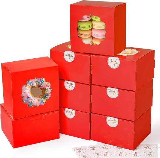 Shallive 4-Inch Small Cookie Boxes 100 Pcs Red - Bakery Treat Boxes with Window for Christmas Holiday Gifting, To-go Tins for Cake Slice, Macarons, Donuts
