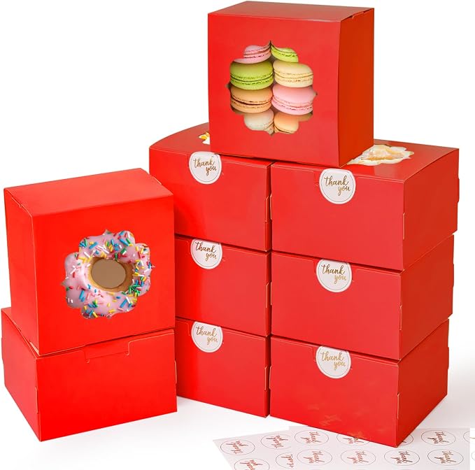 Shallive 4-Inch Small Cookie Boxes 25 Pcs Red - Bakery Treat Boxes with Window for Christmas Holiday Gifting, To-go Tins for Cake Slice, Macarons, Donuts
