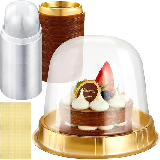 Mimorou Individual Cupcake Boxes Clear Plastic Cupcake Containers Disposable Single Holder with Lid Tall Cake Carrier 5.3 Inch Diameter 4.3 Inch Height with Stickers for Wedding(Gold,100pcs)