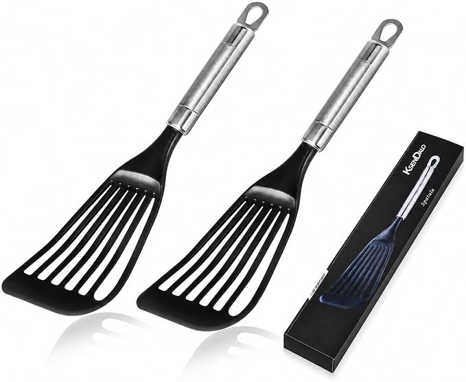 KSENDALO 2 Pack Thin Flexible Fish Spatula for Nonstick Cookware, Black | Egg Flipper Turner, 1 Medium 1 Long Size, Hollow Steel Handle Slotted Angled LFGB Complaint Nylon Blade, Dishwasher Safe