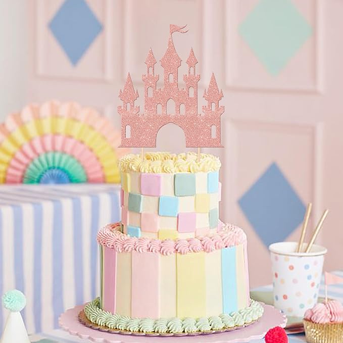 1 PCS Castle Cake Topper Glitter Queen Princess Castle Cake Pick Castle Theme Birthday Party Decoration for Princess Happy Birthday Girls Baby Shower Party Cake Decorations Supplies Rose Gold