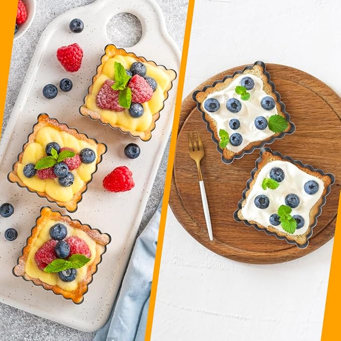Mini Tart Pans Square 4 Inch 6Pcs with Removable Bottom, Nonstick Quiche Pan Mini Pie Pans with Oil Brush&Silicone Scrubber, Tart Pan with Fluted Side, Quiche Bakeware for Oven