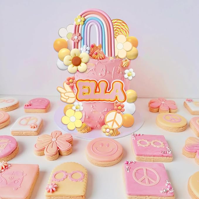 40 PCS Groovy Cake Topper Boho Cake Toppers Rainbow Cake Decoration Mini Balls Daisy Flower Cake Toppers for Retro Hippie Party Girl Birthday Party Groovy Boho Rainbow Wedding Party Supplies