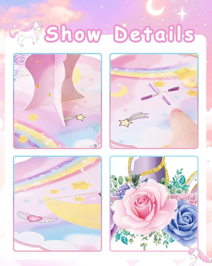 2 Pack Unicorn Cupcake Stands Birthday Decorations: 3-Tier Unicorn and Rainbow Theme Party Supplies Cake Stand Toppers for Girls Kids - Suitable for 48pcs Cupcakes Pink Table Decorations