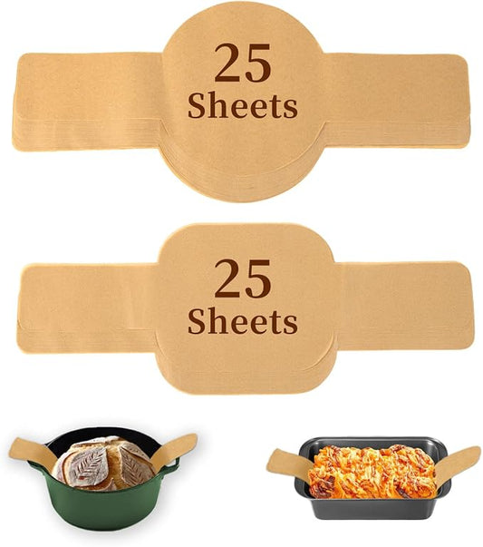 Sourdough Parchment Paper for Dutch Oven, BlissBoard Bread Sling, 8" Round Parchment Paper with Long Handles for Loaf Pan, Easy-Lift, Non-Stick, Odor-Free, 50 Sheets for Sourdough or Cake Baking