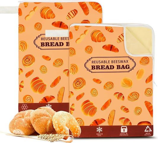 2 Pack Wide Zipper Access Beeswax Bread Bags for Sourdough Bread, Reusable Organic Linen Beeswax Bread Bag for Homemade Sourdough for Homemade Bag to Keep Fresh Longer, Kitchen Storage (Yellow)