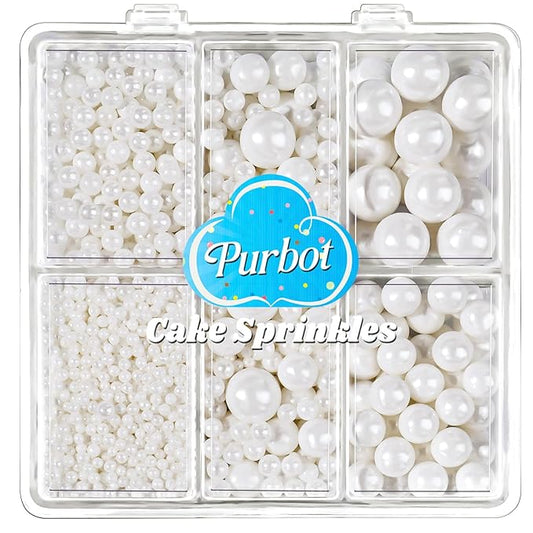 White Pearl Sprinkles for Cake Decorating, 4 Sizes Sugar 130g/4.6oz, Cupcake, Ice Cream, Donuts, Macaron Toppings Supplies (2mm, 4mm, 7mm, 1cm)