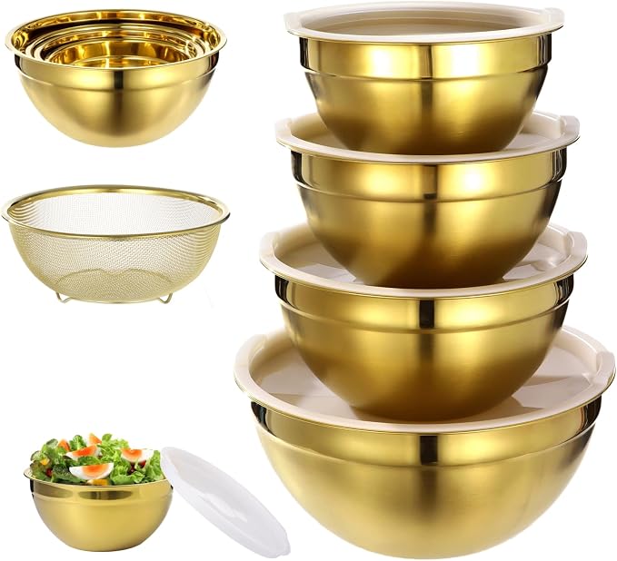 5 PCS Golden Mixing Bowls, Stainless Steel Salad Bowls with Airtight Lids, Mirror Finish Nested Mixing Bowl Set with Mesh Strainer, 4 Bowl Sizes for Baking, Meal Prep, Food Serving