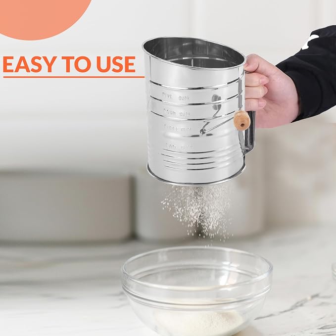 Flour Sifter For Baking, Fine Mesh Hand Crank Flour Sifter With 2 Wire Agitator Loop for Baking Stainless Steel Sifter Powdered Sugar, Large Flour Sifter, Tools (5 Cup Wooden)