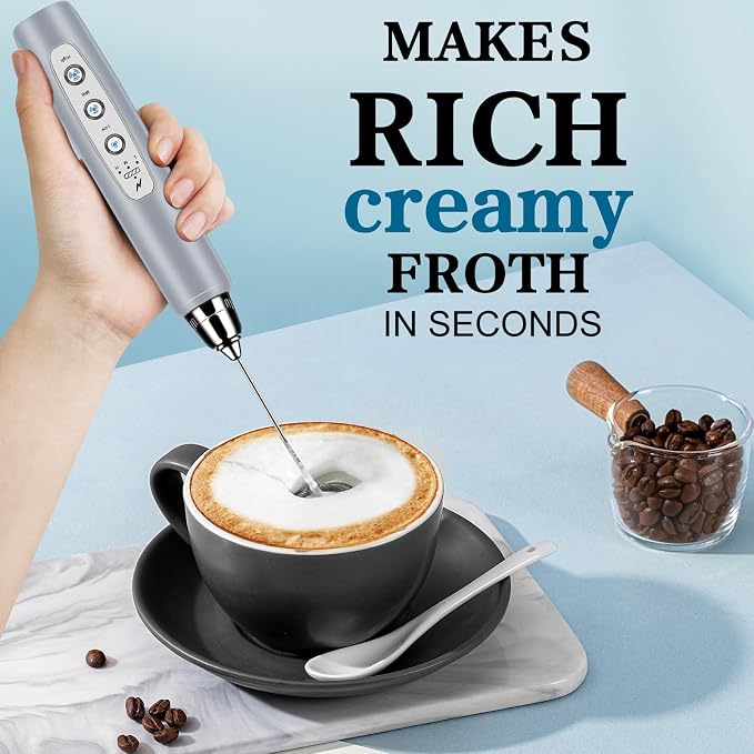 BSRGMS Milk Frother Handheld for Coffee, Electric Whisk 3 Speed Adjustable, Drink Mixer with Stainless 3 Whisks, Rechargeable Hand Frother Wand, for Latte Cappuccino Hot Chocolate Egg Cement Gray