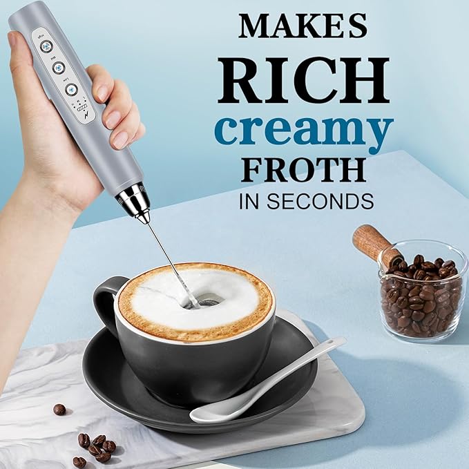 BSRGMS Milk Frother Handheld with Stand, Electric Whisk 3 Speed Adjustable, Drink Mixer with Stainless 3 Whisks, Rechargeable Hand Frother Wand, Foam Maker for Latte Cappuccino Matcha Egg Cement Gray