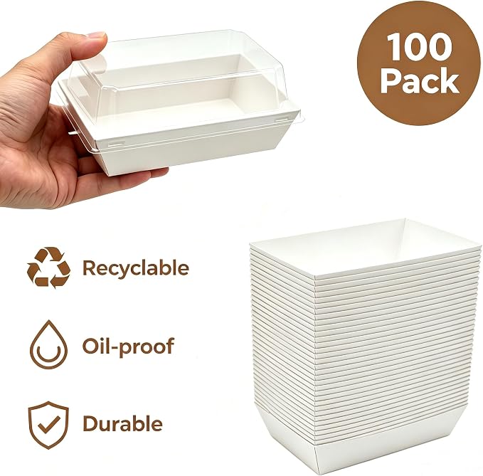 100 Pack Charcuterie Boxes with Clear Lids, White Mini Dessert Bakery Boxes, Empty To Go Food Containers with Stickers for 2 Cupcakes, Muffins, Cake Slice Sushi Strawberry, 5.5 x 2.7 Inches