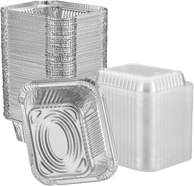 GUSTO 1 lb Disposable Aluminum Foil Takeout Pans with Clear Dome Lids, 5" x 4" – [100 Count] Great for Baking, Cooking, Storage, and Freezing (Formerly Comfy Package)