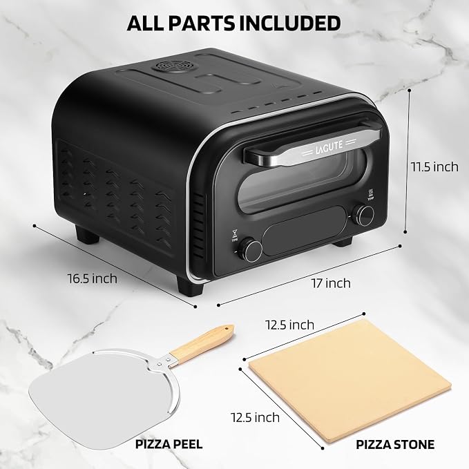 Lagute Indoor Pizza Oven, 12 Inch Electric Countertop Pizza Maker with 6 Preset Modes, 850°F High Heat in 90 Seconds, Dual Heating Components, Pizza Stone & Peel Included