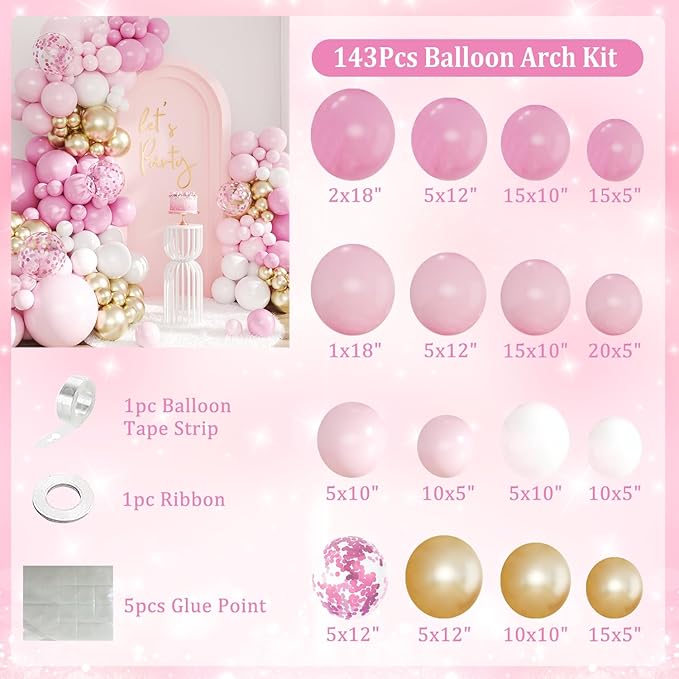 Pink and Gold Balloon Arch Kit, 143Pcs Light Macaron Pink White Gold Balloons Garland Arch Kit Coffetti Balloons for Birthday Wedding Girl Baby Shower Gender Reveal Decorations