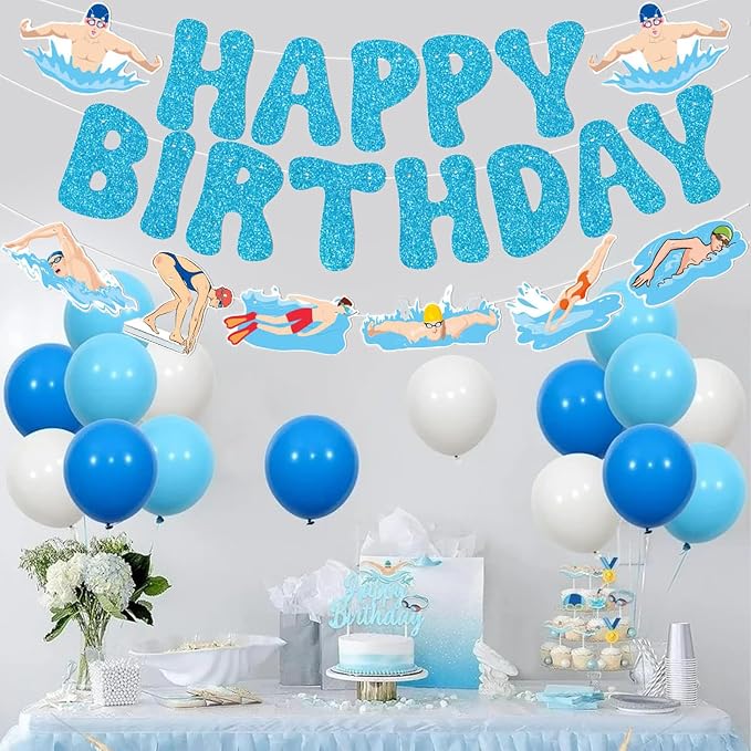 Zwiebeco Blue Swimming Happy Birthday Party Decoration Banner Bunting Garland Hanging Paper for Boys Girls Men Women Kids Adults Summer Pool Swim Sports Themed Birthday Decor Accessories Supplies