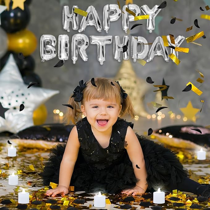 Black and Silver Happy Birthday Balloons Decorations Happy Birthday Letter Balloons Banner with 24pcs Flameless LED Candles and 2000pcs Artificial Rose Petals for Women Men Room Party Decor