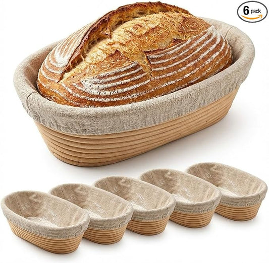 6 Pack Oval Banneton Proofing Basket Set 10 Inch, Natural Rattan Sourdough Bread Baskets with Linen Liners, Dough Baking Bowls for Professional & Home Bakers (10" Oval -6 Pack)