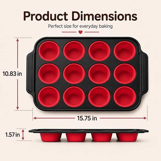 Silicone Muffin Pans for Baking with Metal Reinforced Frame, Muffin Tin Egg Bites Mold 12-Cup Regular Size, Nonstick Muffin Cups Tray Easy to Pop Cupcake Pan for Oven & Dishwasher Safe - Red