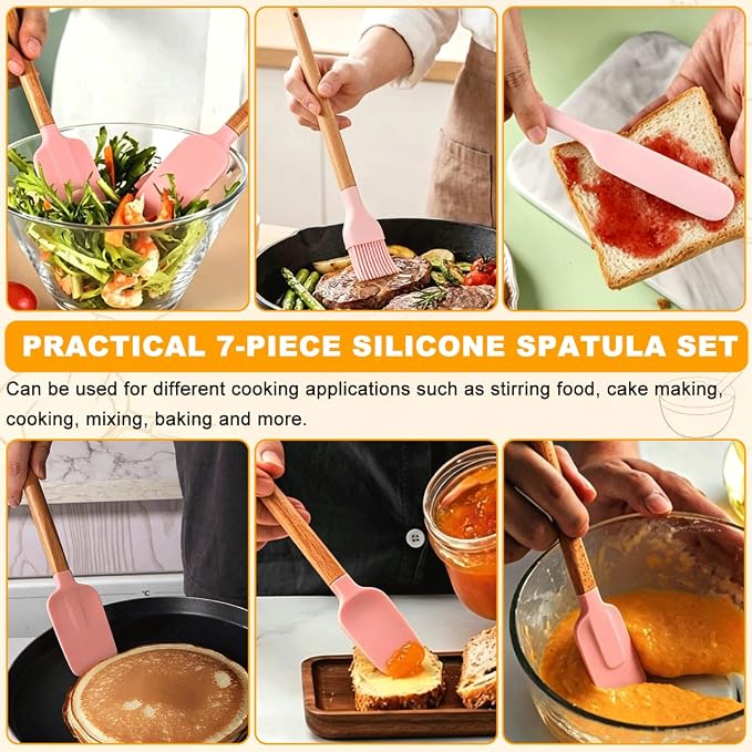 Silicone Spatula Set - 7 Piece Food Grade Rubber Spatula, Heat Resistant Up to 600°F, Wooden Handle Kitchen Utensils Set for Cooking, Baking & Mixing, Jar, Non-Stick Silicone Utensil Pink