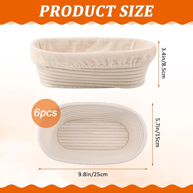 6 Pack Oval Banneton Proofing Basket Set 10 Inch, Natural Rattan Sourdough Bread Baskets with Linen Liners, Dough Baking Bowls for Professional & Home Bakers (10" Oval -6 Pack)