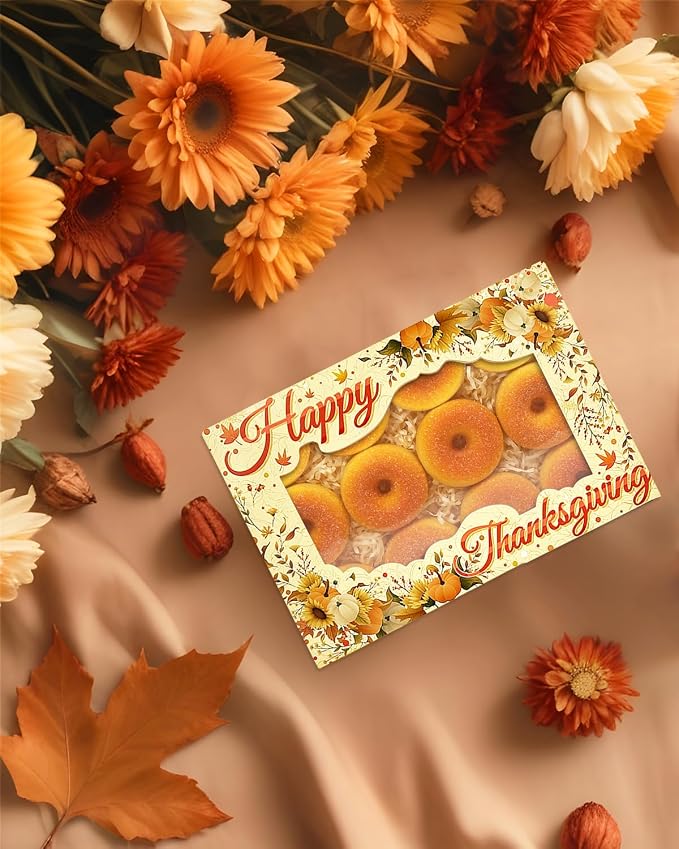 qiqee Thanksgiving 14x10x2.5 inch Auto-pop Up 24Pcs Cookie Box with Window Thanksgiving Pumkin Flower Pastry Macaron Bakery Box For Thanksgiving Day